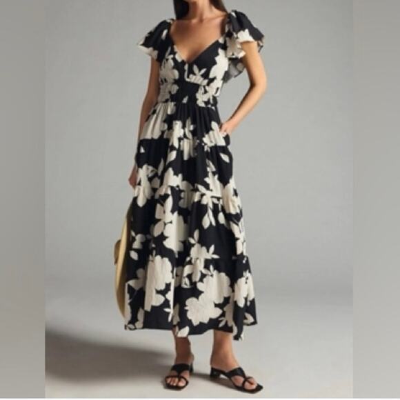 Rachel Zoe Black and Cream Floral Flutter Sleeve Tiered Maxi Dress Size XL - Picture 9 of 9